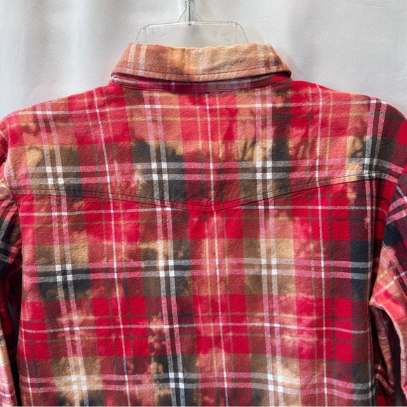 Upcycled Bleached Distressed Red Plaid Button Down Shirt Sz L - Picture 5 of 5